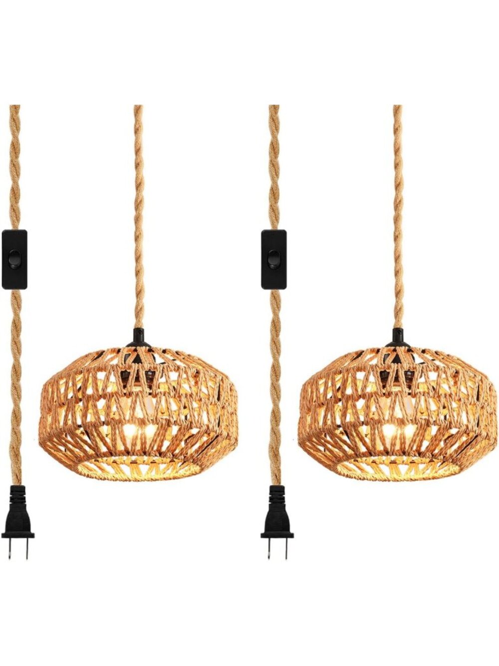 2 Pack Rattan Hanging Pendant Lights with Switch - Boho Semi Flush Mount Ceiling
